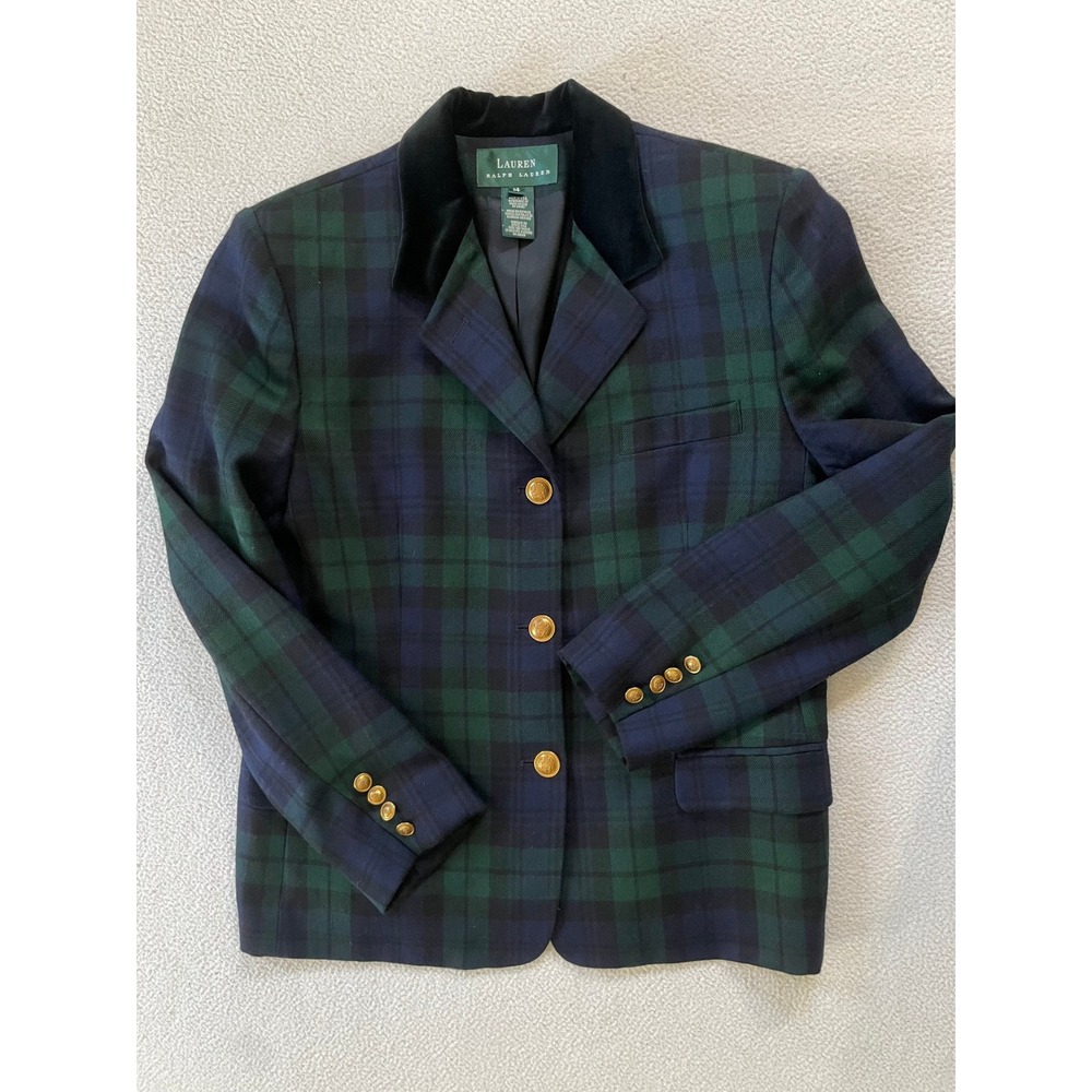 USA 90s Vtg Lauren Ralph Lauren Womens 14 Blazer Black Watch Plaid Velvet Collar